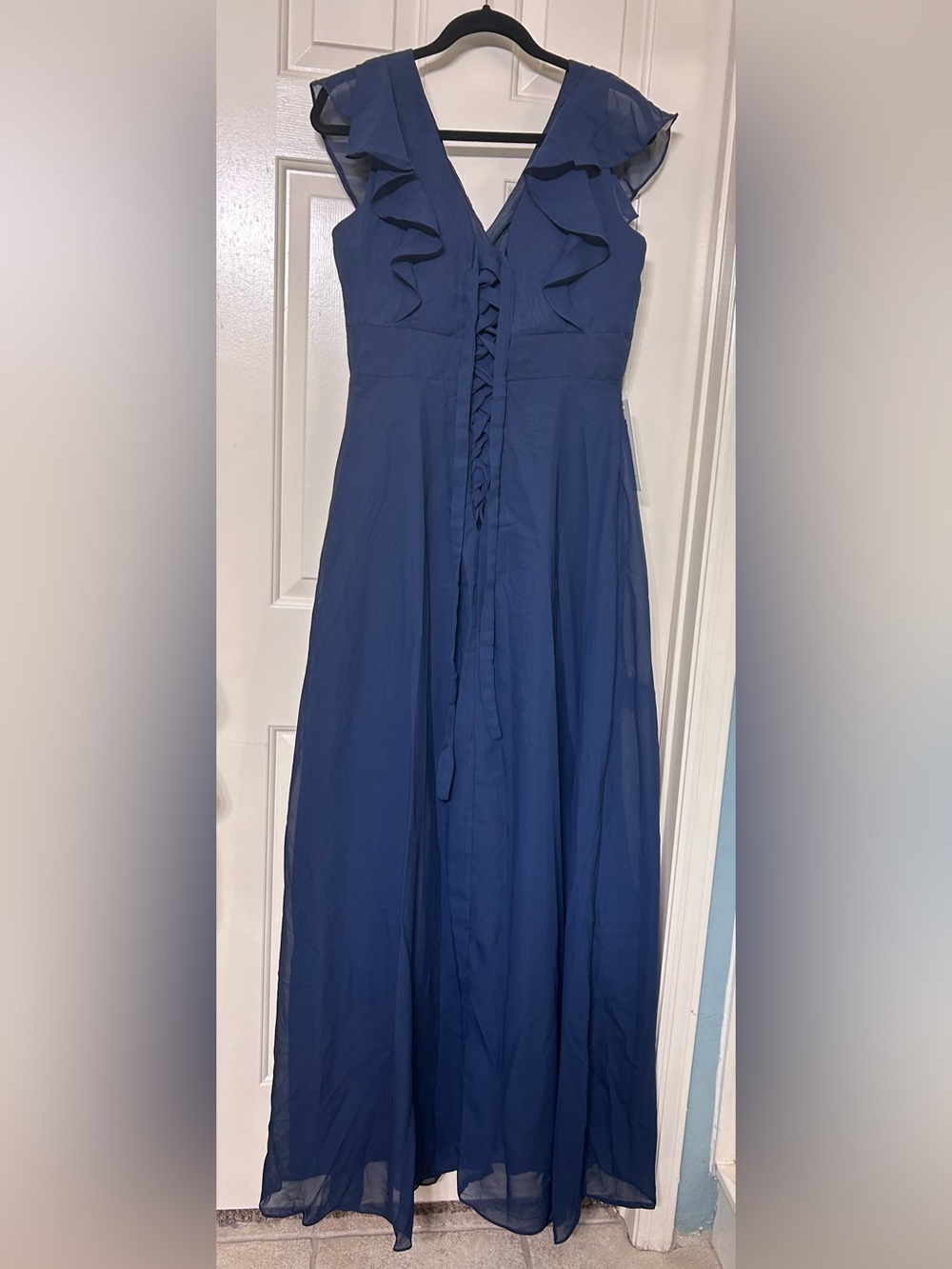 Women's Navy Blue A-Line Maxi Skirt with Front Lace-Up Detail